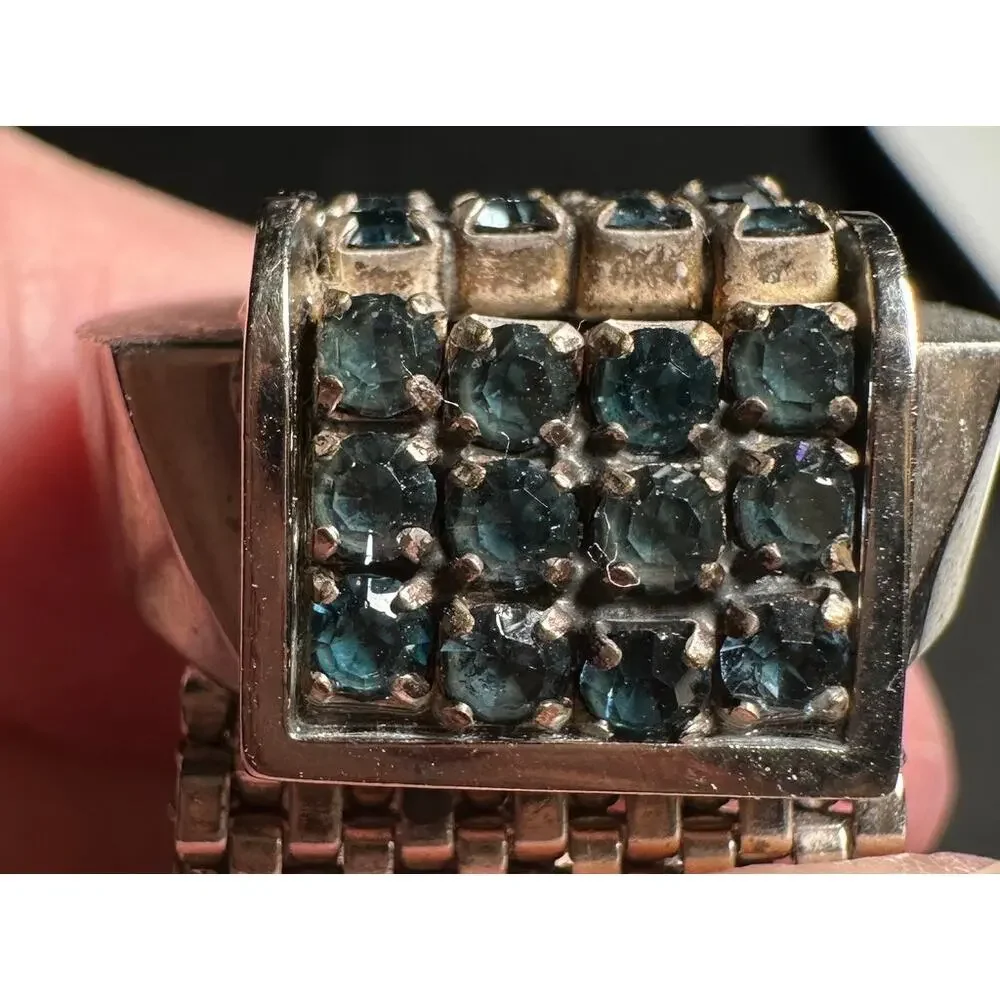 Vintage Cufflinks Tie Tac Set Blue Rhinestone Mesh Wrap Silver Tone retro